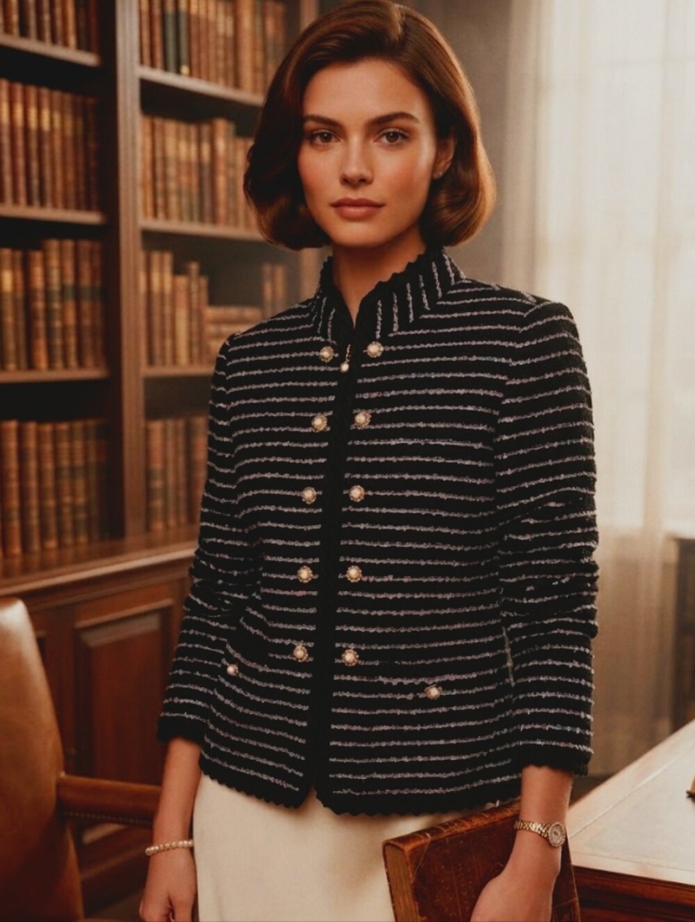 St. John Classic Black Striped Tweed Sweater Jacket 8